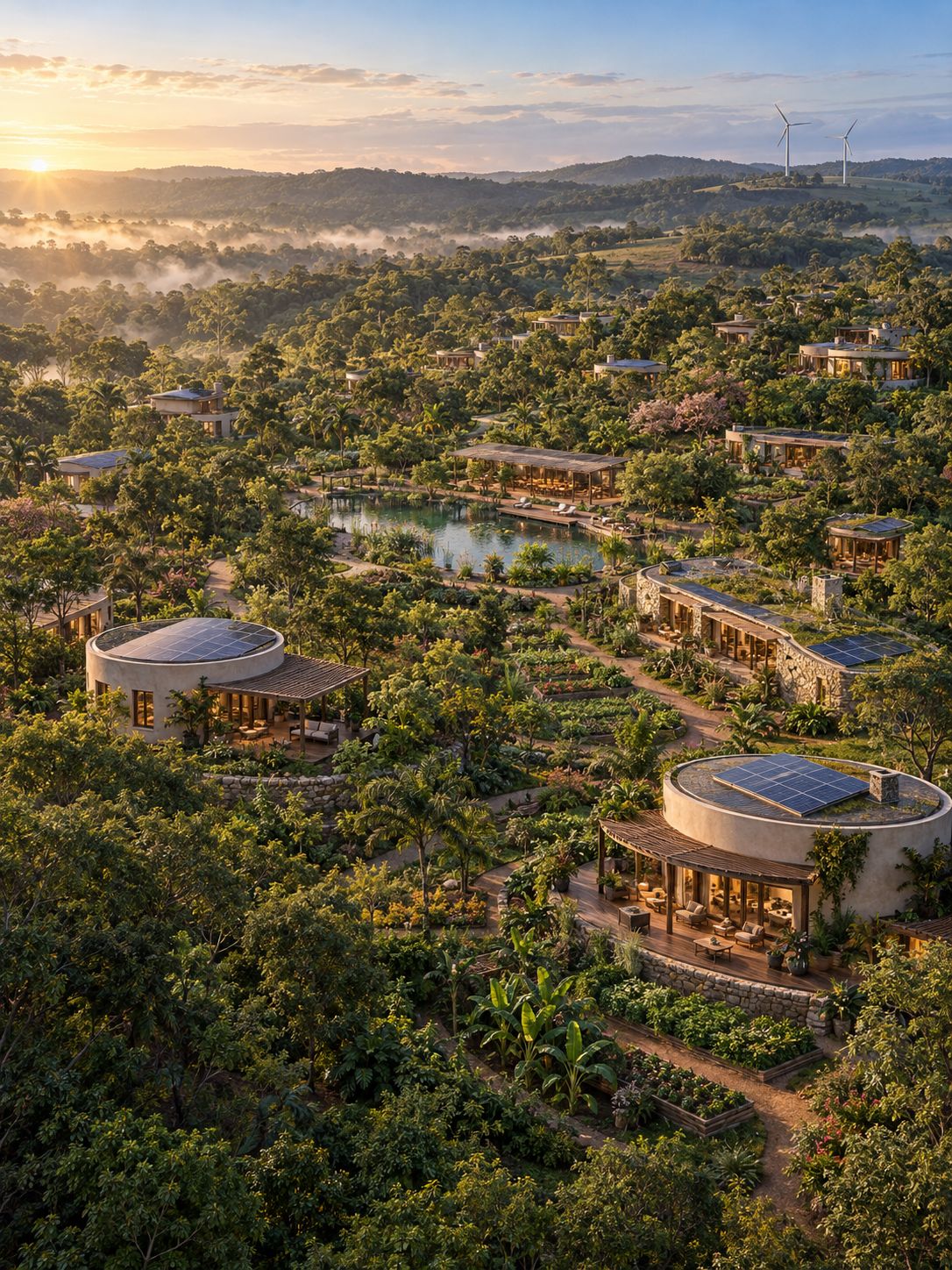 Vista aérea ilustrativa da Cidadela ao amanhecer: casas redondas com telhados solares entre a mata, biopiscina central e turbinas eólicas no horizonte