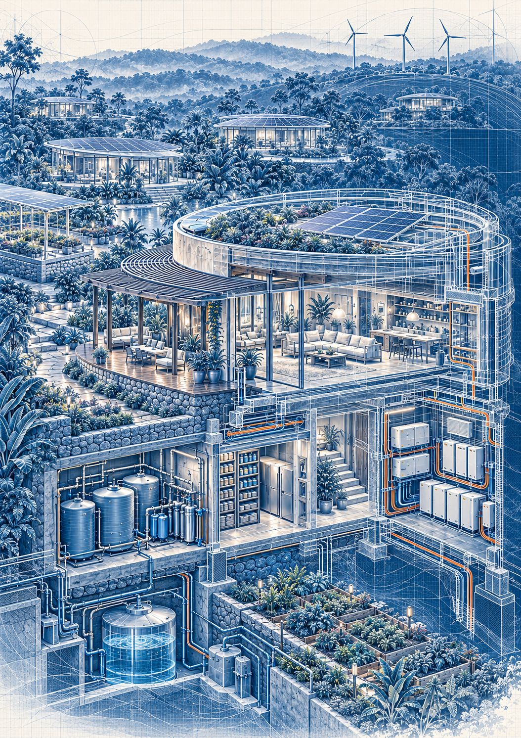 Esboço técnico em azul do corte da casa: cobertura com painéis solares, sala no nível social, reservatórios e filtros, despensa e sala de baterias no nível técnico, cisterna enterrada e canteiros.