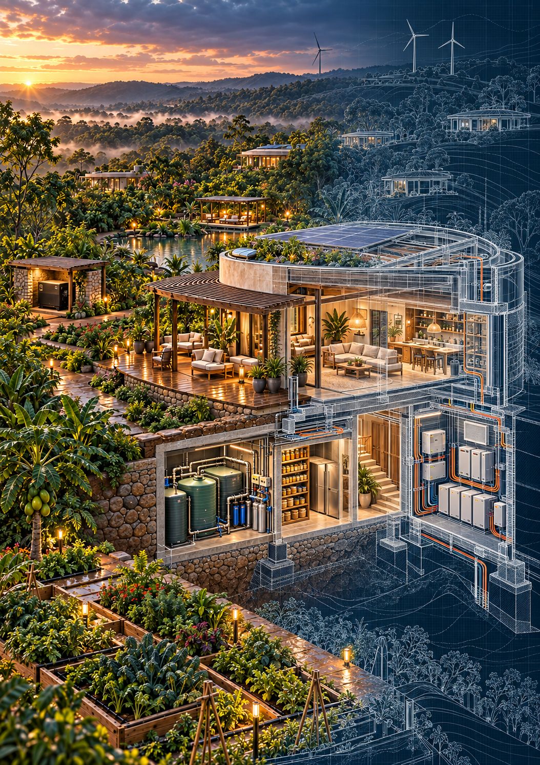 Corte ilustrativo de uma casa da Cidadela ao entardecer: sala e varanda no nível social; reservatórios de água, filtros, despensa e sala de baterias e inversores no nível técnico. A metade direita aparece como desenho técnico.