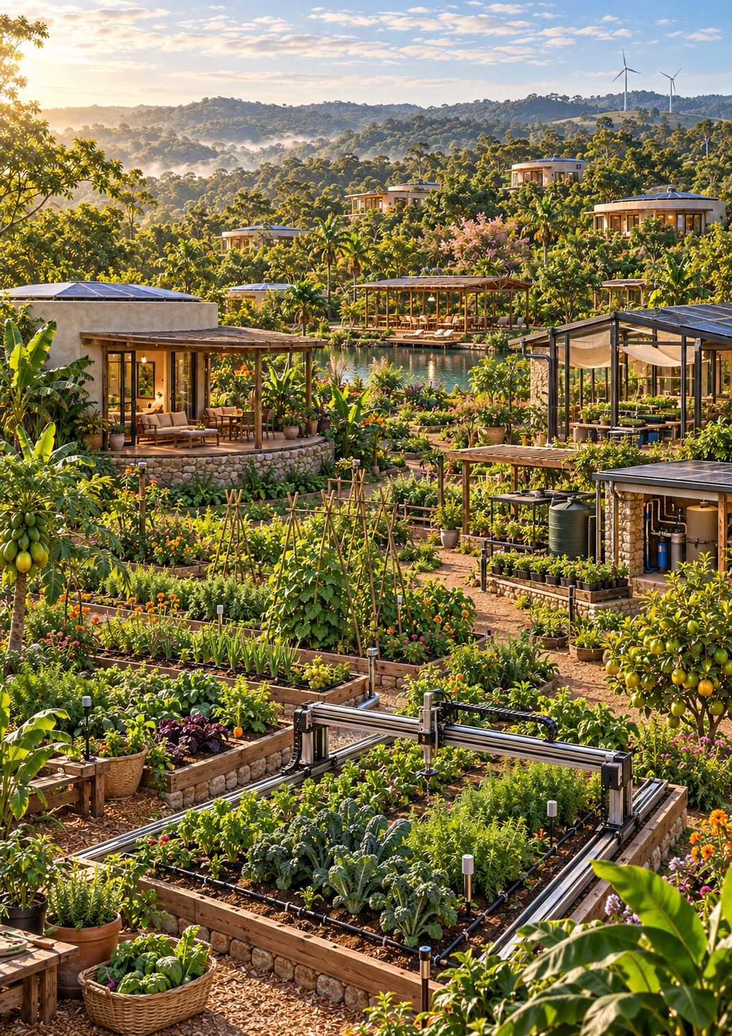 Horta em canteiros elevados com um robô agrícola de pórtico, estufa, caixas d'água e árvores de mamão e cítricos, com casas e a biopiscina ao fundo.